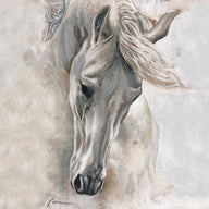 White stallion canvas painting by Miguel Camarena in soft neutral tones in square format