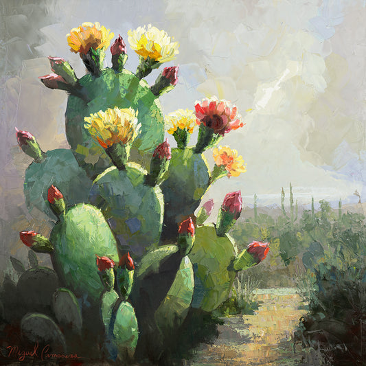 Oil painting of a prickly pear cactus with yellow and red flowers against a desert landscape.