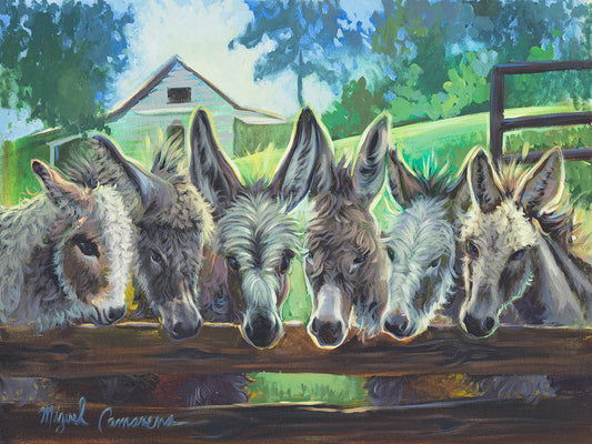Rustic countryside donkey painting featuring six furry burros by Miguel Camarena