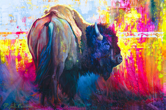 Colorful abstract buffalo painting on canvas by Miguel Camarena