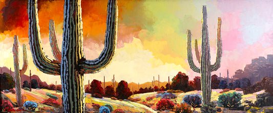 Purple Arizona desert landscape painting with saguaro cacti by Miguel Camarena