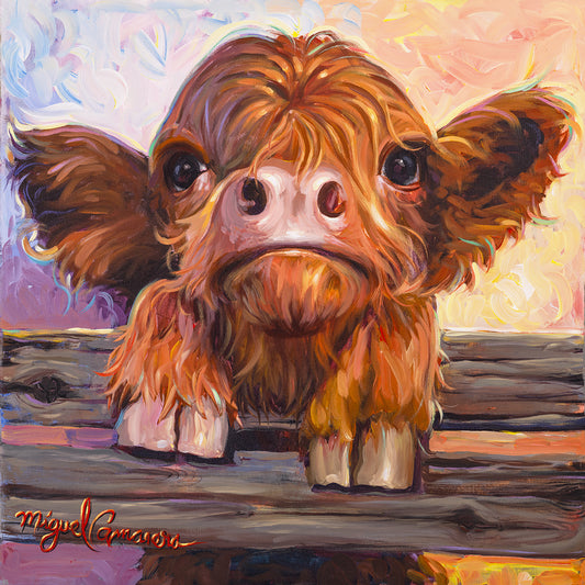 Cute Highland calf canvas painting with large expressive eyes by Miguel Camarena