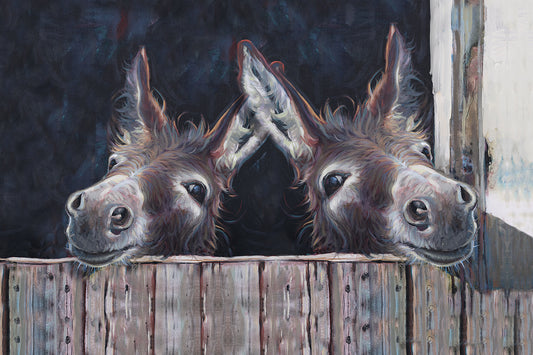 Rustic painting of two curious donkeys peeking from a barn by Miguel Camarena