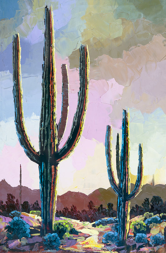 Vertical desert sunset painting with saguaro cacti and soft berry-colored sky by Miguel Camarena
