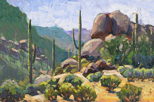 Arizona desert mountain landscape painting with saguaro cacti by Miguel Camarena