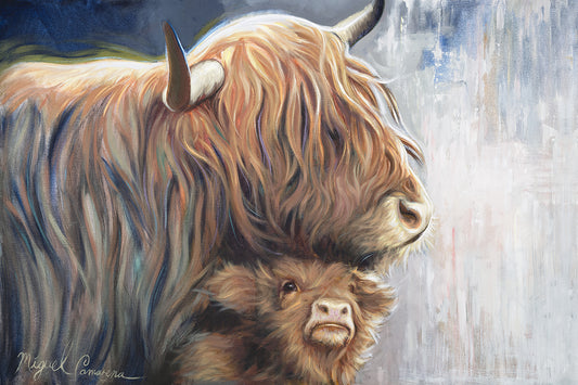 Highland cow mother and calf canvas painting by Miguel Camarena