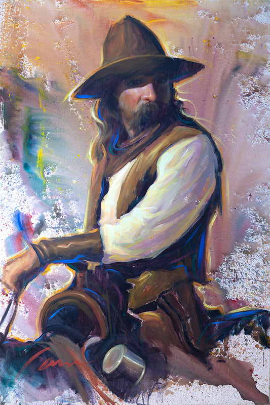 Vintage Western cowboy riding horseback painting with Southwestern style by Miguel Camarena
