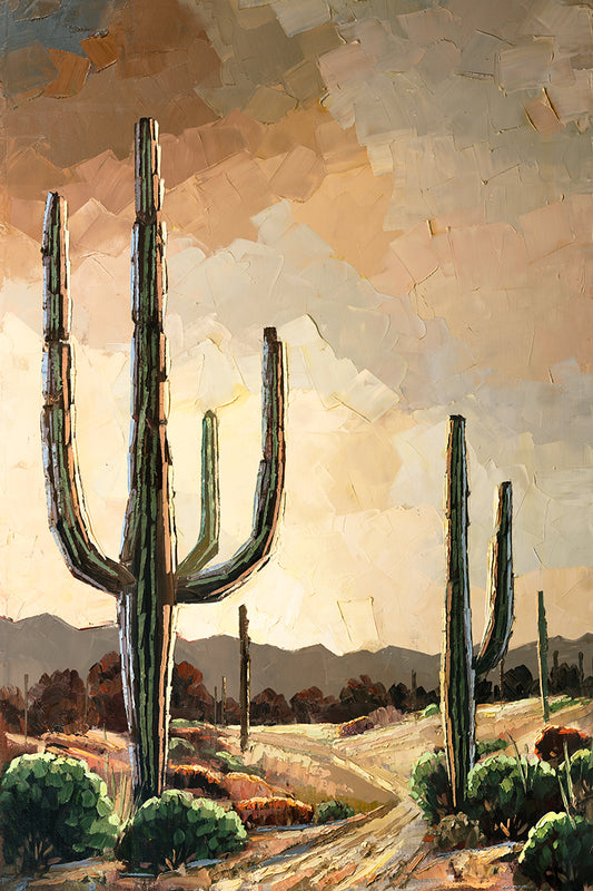 Neutral Arizona desert painting with saguaro cacti by Miguel Camarena
