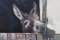 Rustic donkey painting landscape by Miguel Camarena featuring a curious donkey peeking over a wooden barn fence with a dark background