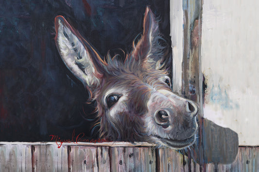 Rustic donkey painting landscape by Miguel Camarena featuring a curious donkey peeking over a wooden barn fence with a dark background