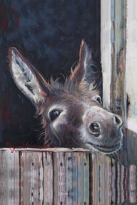 Rustic donkey painting portrait by Miguel Camarena featuring a curious donkey peeking over a wooden barn fence with a dark background