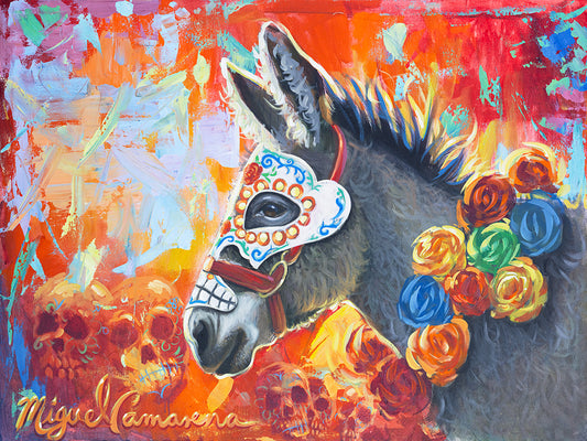 Colorful Day of the Dead inspired donkey painting with floral decorations by Miguel Camarena