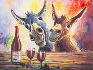 Two colorful donkeys sharing red wine at a dinner table in a whimsical painting by Miguel Camarena in landscape.