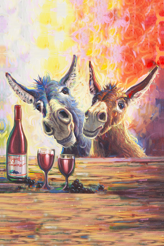 Two colorful donkeys sharing red wine at a dinner table in a whimsical painting by Miguel Camarena in portrait.