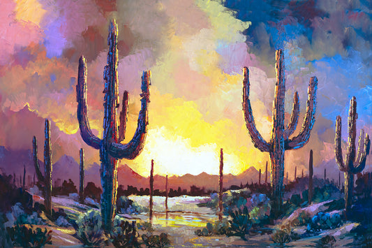 Colorful Arizona desert sunset painting with saguaro cacti, reflective water, and glowing twilight sky by Miguel Camarena