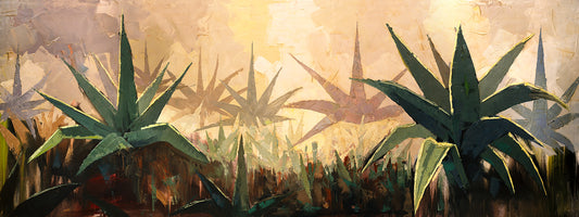 Panoramic Southwestern agave field landscape canvas painting inspired by the Arizona Sonoran Desert