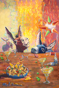 Colorful burros gathered around food and drinks in a festive Southwestern painting by Miguel Camarena in portrait.