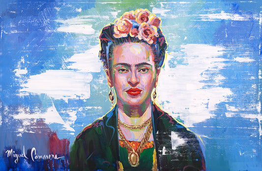 Frida Kahlo inspired blue house portrait painting by Miguel Camarena