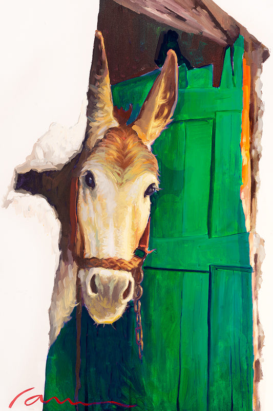 Painting of a curious donkey peeking through a rustic green door by Miguel Camarena