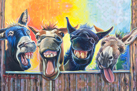 Colorful funny whimsical donkey artwork by Miguel Camarena featuring laughing donkeys in a rustic barn setting.