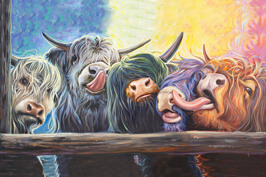 Colorful Highland cow group canvas painting by Miguel Camarena