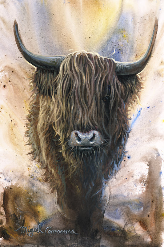 Dramatic Highland cow canvas painting with long horns by Miguel Camarena