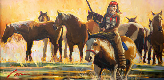 Native American warrior with horses painting by Miguel Camarena