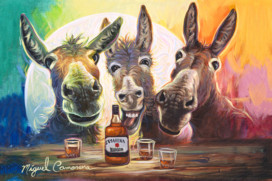 A colorful artwork featuring three donkey characters with animated expressions, appearing to toast with whiskey glasses in their mouths. The background displays a vibrant array of colors, resembling a rainbow, with a bottle of whiskey and a glass in the foreground.