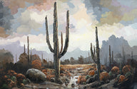 Painting of a desert landscape with cacti and rocks under a cloudy sky by Miguel Camarena