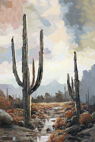 Desert landscape with cacti and mountains under a cloudy sky painting by Miguel Camarena