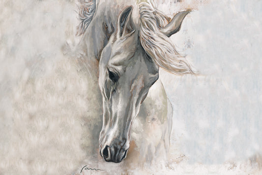 White stallion canvas painting by Miguel Camarena in soft neutral tones