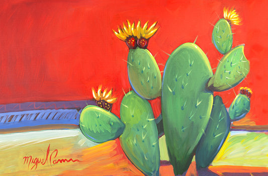 Colorful prickly pear cactus painting with vivid red desert sky by Miguel Camarena
