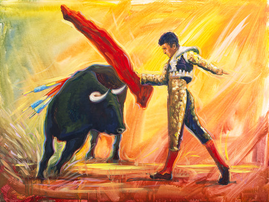 Spanish bull fighter painting with matador and bull by Miguel Camarena