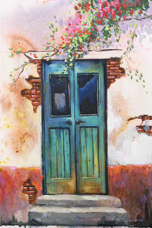 Spanish turquoise door painting with rustic Mediterranean architecture and floral elements by Miguel Camarena