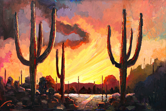 Arizona desert sunrise painting with saguaro cacti by Miguel Camarena