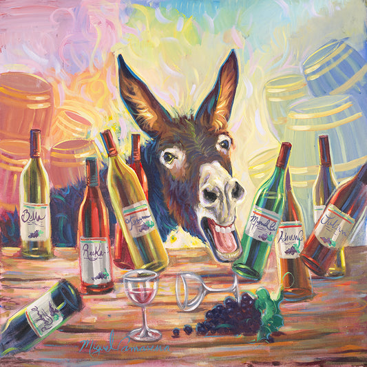 Colorful donkey surrounded by wine bottles in a whimsical wine cellar painting by Miguel Camarena