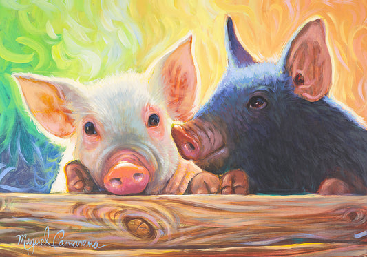 Colorful piglet canvas painting featuring two barnyard pigs by Miguel Camarena