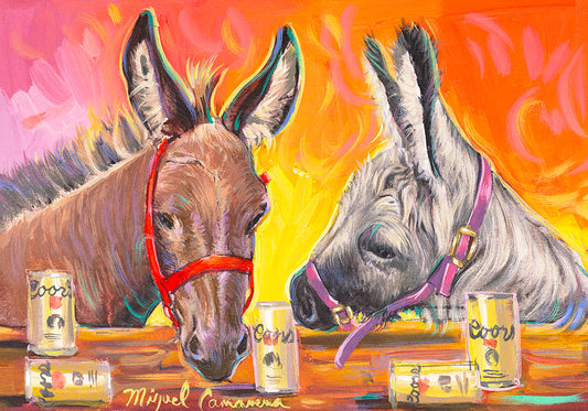 Colorful painting of two donkeys drinking beer in a playful Southwestern scene by Miguel Camarena