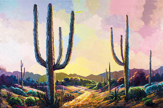 desert landscape painting with muted sunset