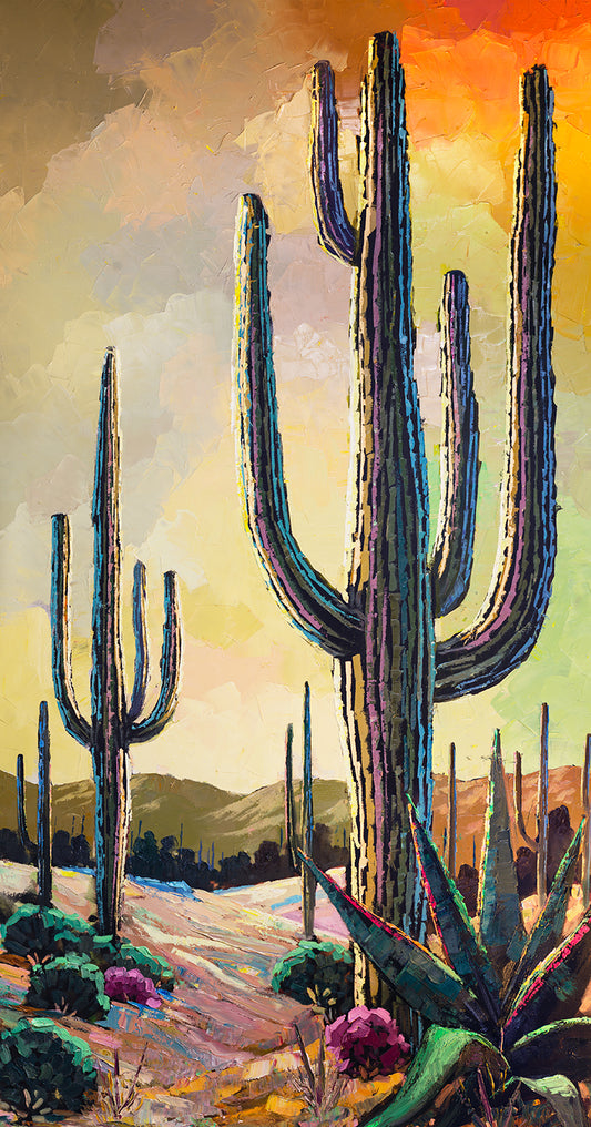 Vertical Muted Desert Landscape Painting with Saguaro Cactus and agave plants