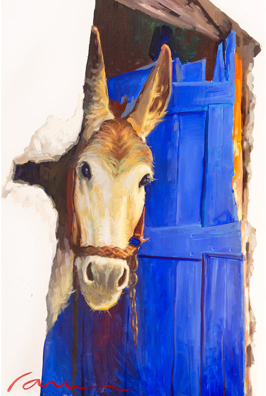 A painting of a Donkey Peeking Outside The blue Door, Canvas Prints 
