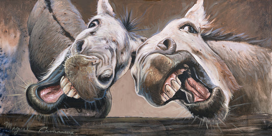 Pair of a funny laughing Zombie Donkeys showcasing in an Art Prints-donkey paintings