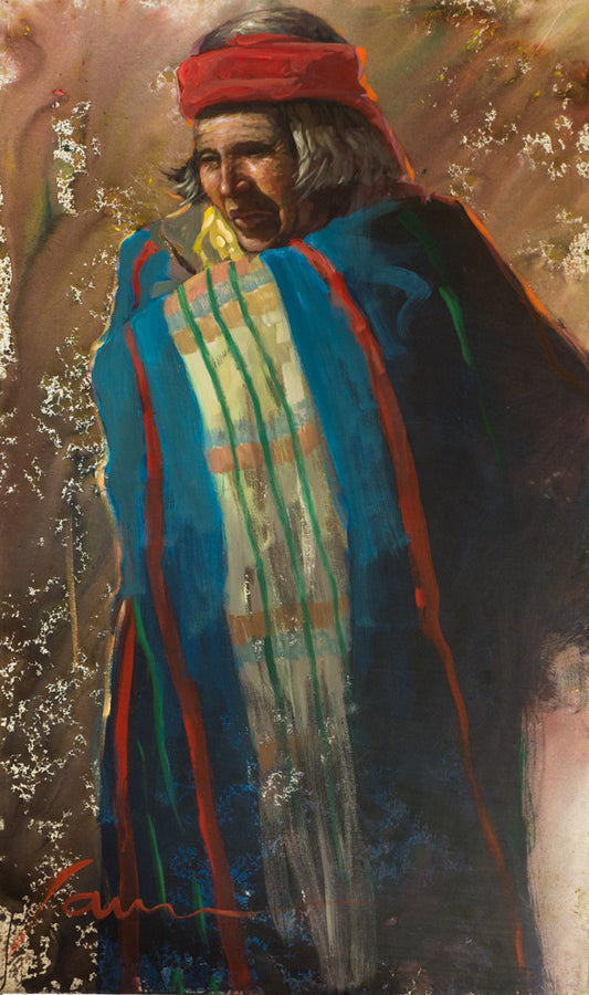 Indian man wrapped in blanket painting-native american painting-native art-native indian american art-wall art-home decor-indian canvas wall art-miguel camarena art-cave creek