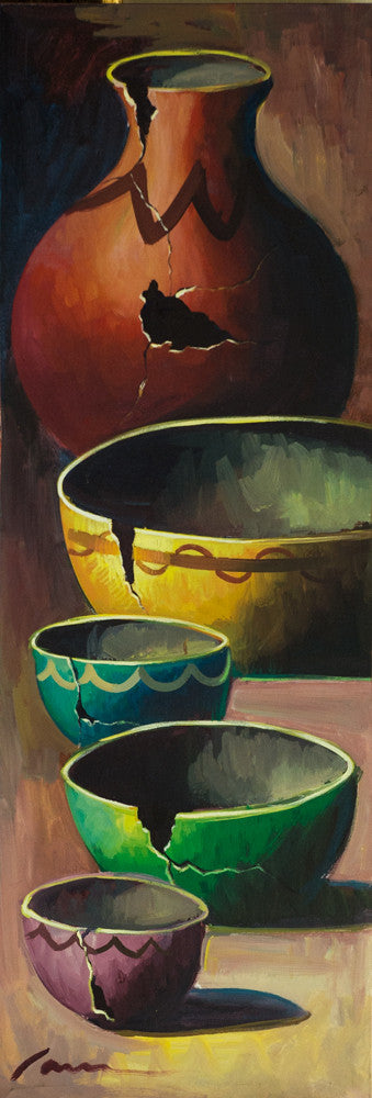 Ollas Chicas Painting-southwest pottery paintings-Native American Painting-Traditional Native American Paintings-pots painting-cave creek paintings-arizona art paintings-broken pot wall art