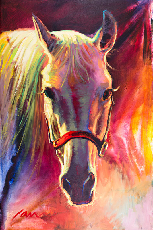 Red horse painting with colorful background