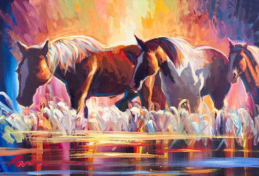 three brown horses' painting with colorful background