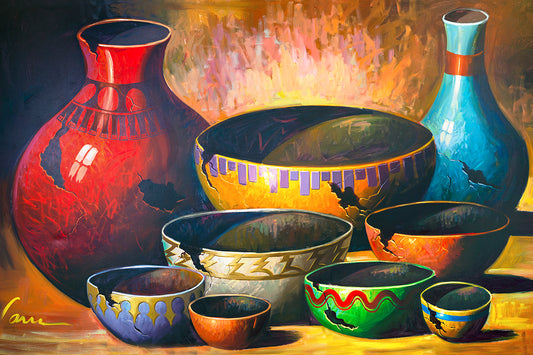 Southwestern pottery canvas painting with Native American inspired vessels by Miguel Camarena