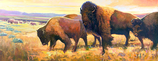Buffalo herd on Southwestern plains landscape painting by Miguel Camarena