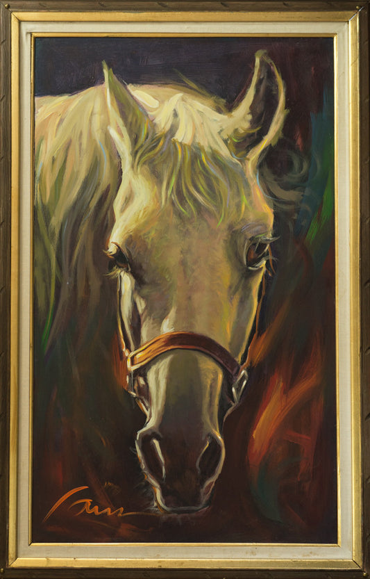 Caballo Blanco original white horse painting by Miguel Camarena featuring a dramatic equestrian portrait with rich lighting and detail.