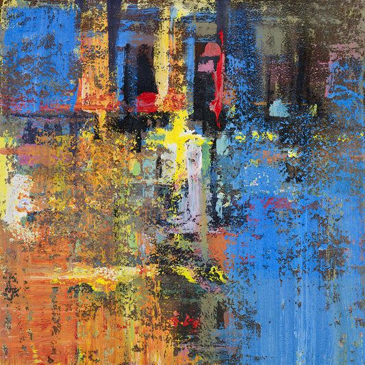 Blue and gold city lights abstract canvas painting with modern urban textures by Miguel Camarena